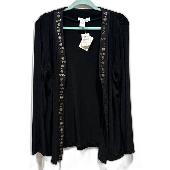 NWT Coldwater Creek Cardigan Travel Knit Embellished Open Front Women sz L Black - Picture 2 of 9